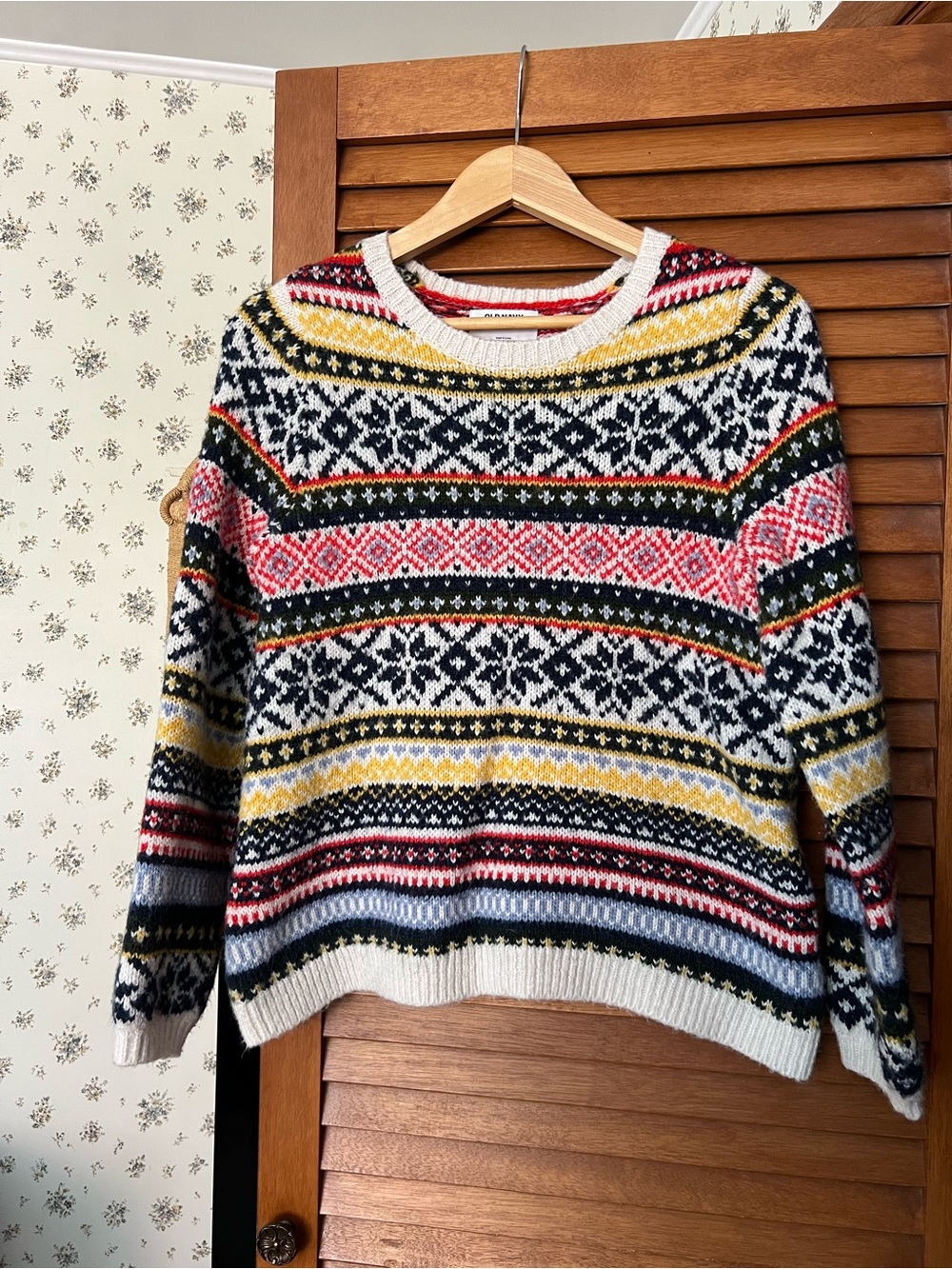 Old Navy Multicolor Fair Isle Crewneck Sweater - Cream, Navy, Red, Yellow, Green